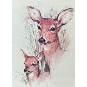 Vintage Deer & Fawn Print By Paul Whitney Hunter -Wooden Framed